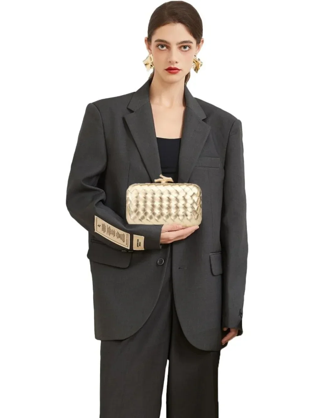 Chic Gold Metallic Woven Clutch Purse | Stylish Evening Shoulder Box Bag